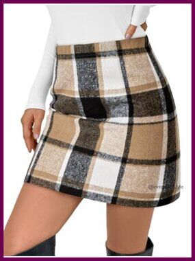 Plaid Mini Skirt Bodycon High Waisted Polyester Fall Winter